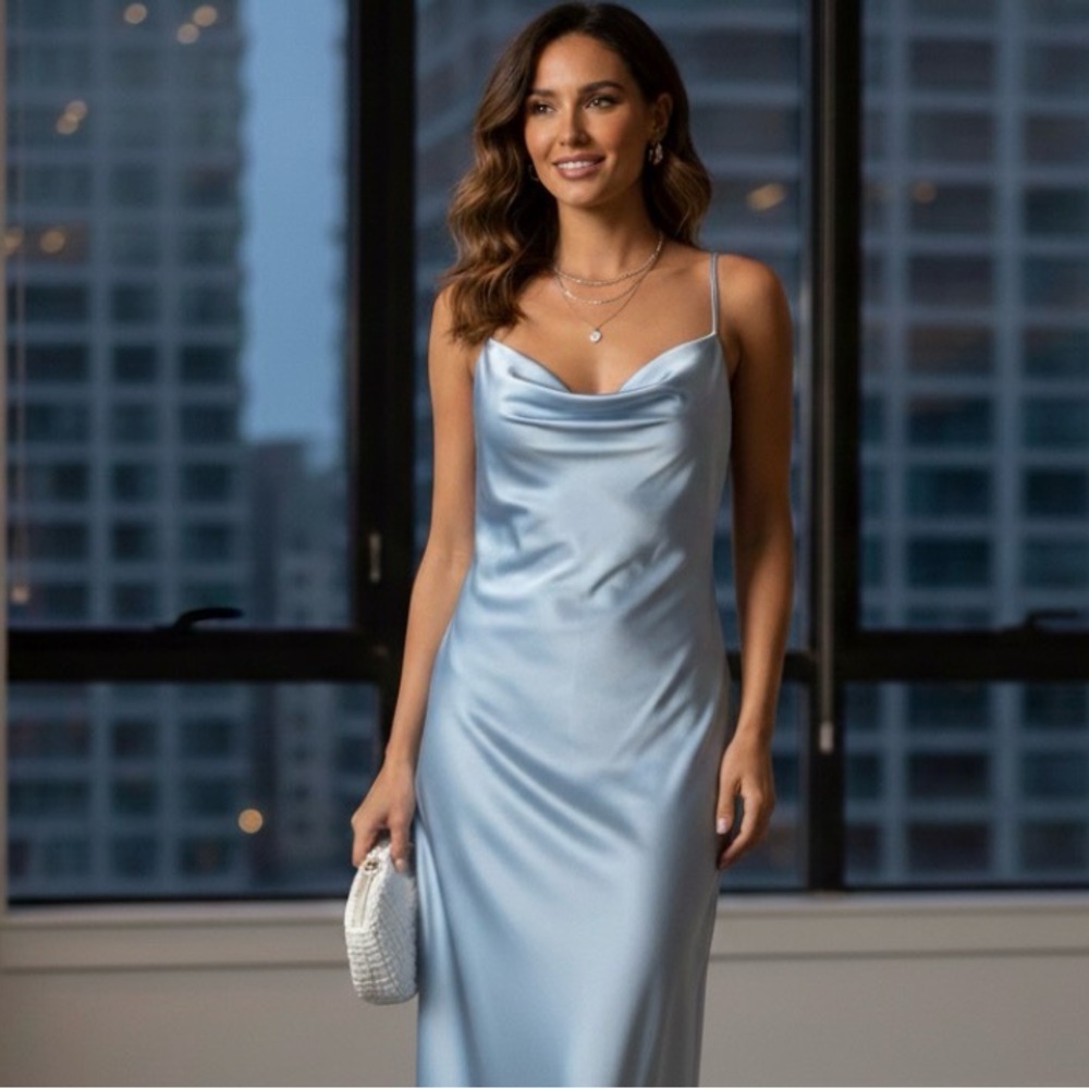 rue21 Light Blue Satin Cowl Neck Slip Dress Mini/Knee Length Size XL Soft Girl